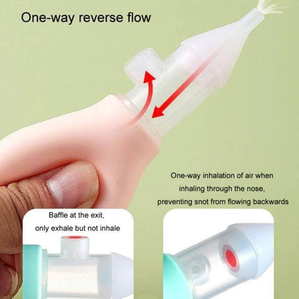 Baby Nasal Aspirator for Clear Breathing, Soft Silicone Tip showing one-way valve and soft silicone tip for gentle suction
