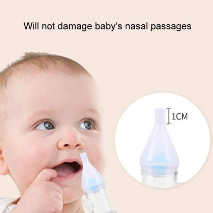 Baby Nasal Aspirator for Clear Breathing, Soft Silicone Tip shown inserted gently in baby nostril with 1cm soft silicone tip and one-way valve