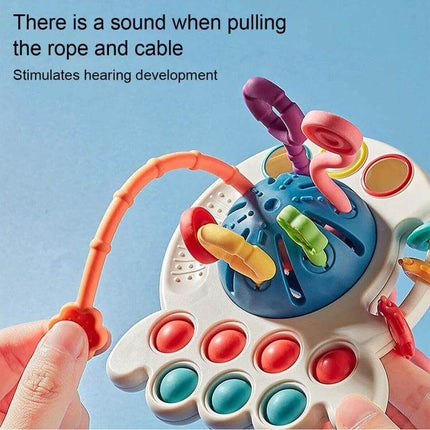 Baby Puzzle Fun Rope Toys For Babies With Soft Cartoon Shapes showing colorful pull rope, soft shapes, tactile buttons and teething-safe parts for grip practice