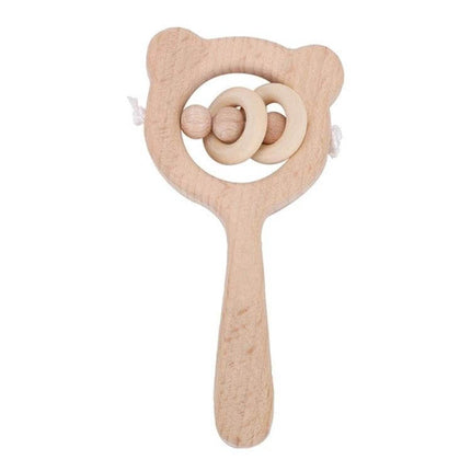 Baby Puzzle Wooden Rattle With Bear Bell For Babies wooden beech rattle with bear-shaped handle, rotating rings and bell, natural unpainted finish