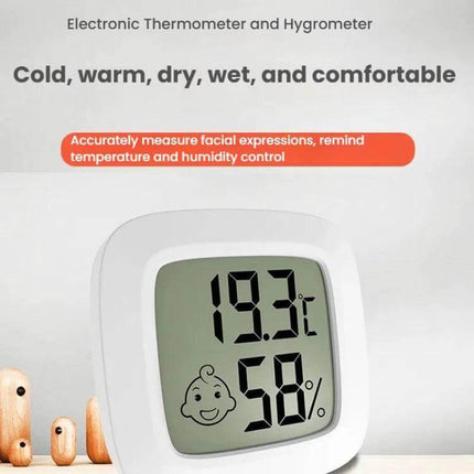 Baby Room Temperature And Humidity Meter Square For Nursery Use Daily compact square monitor showing 19.3°C and 58% humidity with baby icon