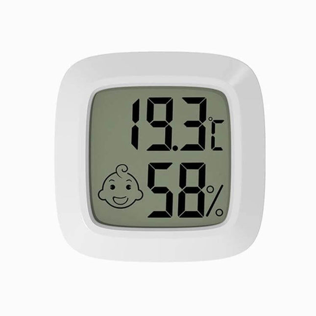 Baby Room Temperature And Humidity Meter Square For Nursery Use Daily compact square monitor showing 19.3°C and 58% with baby icon