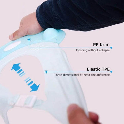 Baby Shower Cap With Adjustable Fit For Bath Time Use - closeup of elastic TPE brim and PP rim showing adjustable fit and soft skin-friendly edge
