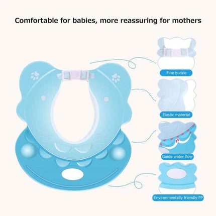 Baby Shower Cap With Adjustable Fit For Bath Time Use - blue foldable TPE/PP baby shampoo visor with adjustable buckle, soft skin-friendly edge, water guide