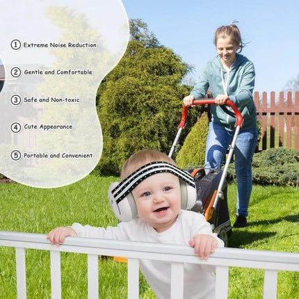 Baby Sleep Headband Earmuffs For Noise Reduction During Sleep - baby wearing cushioned earmuffs while parent pushes stroller outdoors, 25dB reduction, soft lining