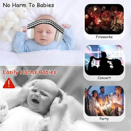 Baby Sleep Headband Earmuffs For Noise Reduction During Sleep - baby wearing soft earmuffs asleep amid fireworks, concert and party icons, 25 dB noise reduction