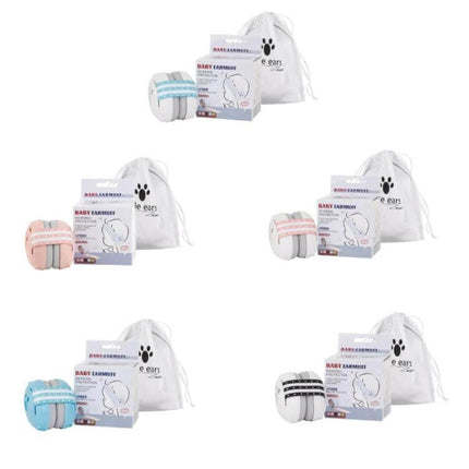 Baby Sleep Headband Earmuffs For Noise Reduction During Sleep compact set showing multiple color options with packaging and carry bag, 25 dB noise reduction