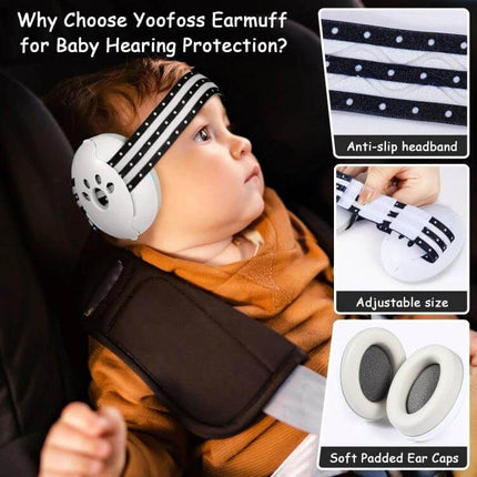 Baby Sleep Headband Earmuffs For Noise Reduction During Sleep - baby wearing white earmuffs with anti-slip headband, adjustable size and soft padded ear caps