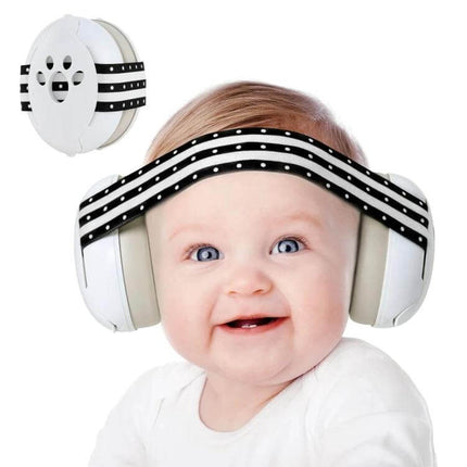 Baby Sleep Headband Earmuffs For Noise Reduction During Sleep - baby wearing soft padded earmuffs with polka dot headband, 25 dB noise reduction
