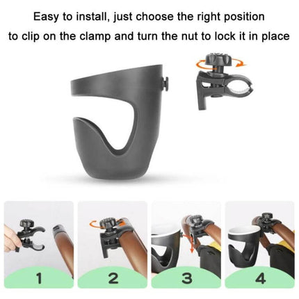 Baby Stroller Cup Holder Black For On The Go Moments - black ABS clamp-on cup holder showing installation steps for stroller handle