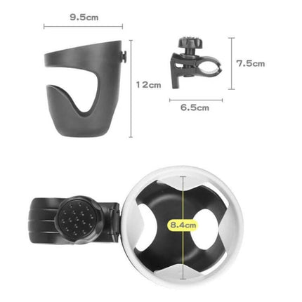 Baby Stroller Cup Holder Black For On The Go Moments - black ABS cup holder with 8.4cm slot and 6.5x7.5cm clamp, compact stroller drink holder