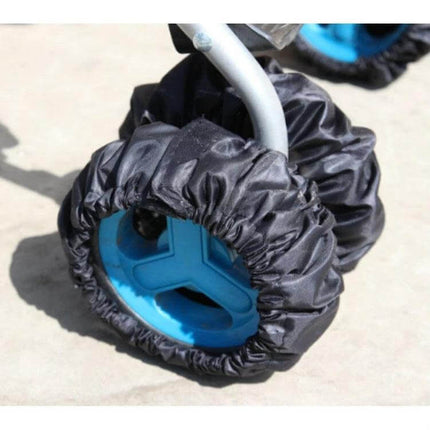 Baby Wheel Cover For Stroller Wheels, Medium Size Keeps Wheels Clean — black polyester wheel cover on stroller wheel, fits 16–18 cm