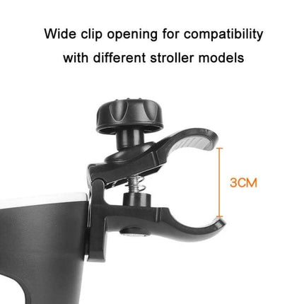 Baby Stroller Cup Holder Black For On The Go Moments - black ABS clamp cup holder with wide 3cm clip opening for stroller compatibility