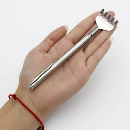 Back Scratcher Telescopic 2 Pack For Home And Office – telescoping stainless steel back scratcher shown in hand, five-edge head, 18–53 cm reach