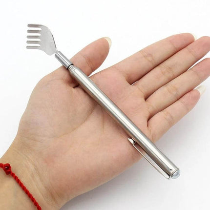 Back Scratcher Telescopic 2 Pack For Home And Office - stainless steel telescoping back scratcher with five-edge head shown in hand