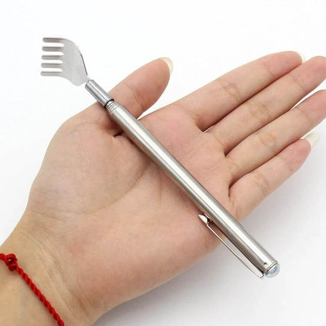 Back Scratcher Telescopic 2 Pack For Home And Office - stainless steel telescoping back scratcher with five-edge head shown in hand