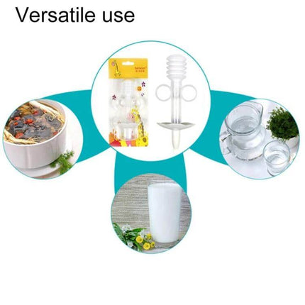 Balcherlam Baby Medicine Feeder Syringe Style Feeding Aid in clear food-grade plastic shown with water, milk and medicine dosing examples