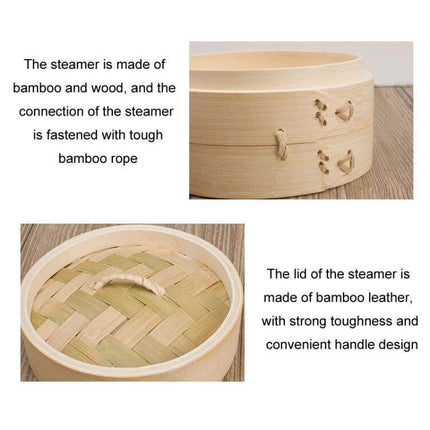 Bamboo Bun Steamer Basket For Buns And Veggies 21cm And 27cm natural bamboo steamer showing woven lid, bamboo rope joints and cool-touch handle