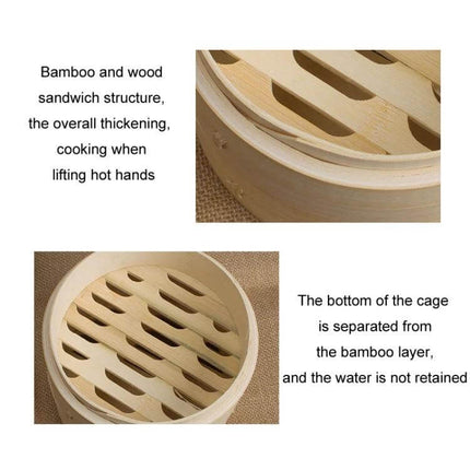 Bamboo Bun Steamer Basket For Buns And Veggies 21cm And 27cm close-up showing bamboo sandwich construction, slatted inner tray and stacked steamer detail