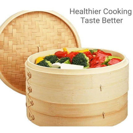 Bamboo Bun Steamer Basket For Buns And Veggies 21cm And 27cm - natural bamboo stacked steamer with colorful steamed vegetables