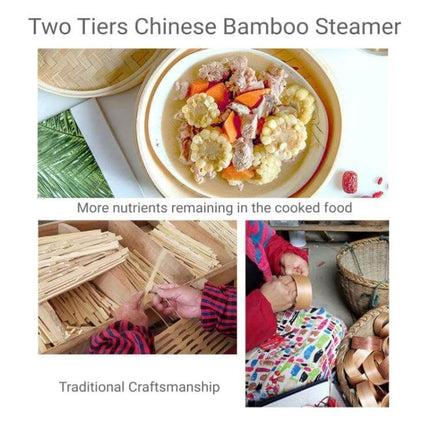 Bamboo Bun Steamer Basket For Buns And Veggies 21cm And 27cm - two-tier natural bamboo steamer showing steamed vegetables and traditional craftsmanship