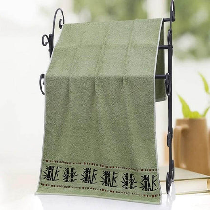 Bamboo Fiber Bath Towel 70x140 cm Thick Absorbent Soft - olive green jacquard terry towel hanging on black towel rack, 400g