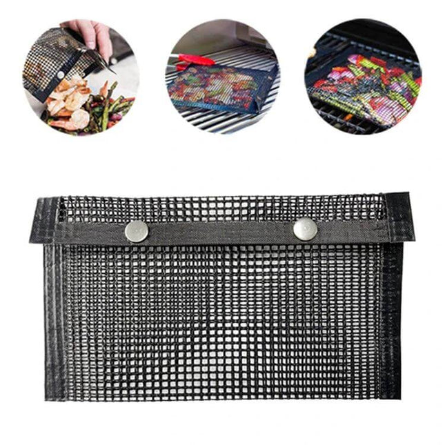 Barbecue Heat Resistant Nonstick Grilling Mesh Bag 24x14cm shown holding shrimp vegetables on grill, heat-resistant PTFE nonstick glass fiber mesh