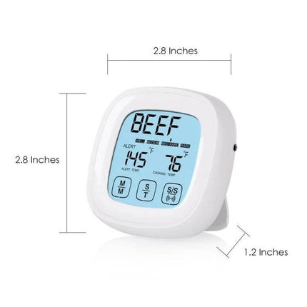 Barbecue Thermometer With Touchscreen For Grilling compact handheld digital meat thermometer with large backlit display showing BEEF, preset temps, alarm