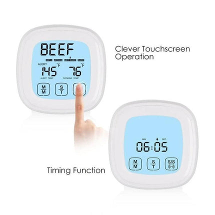 Barbecue Thermometer With Touchscreen For Grilling - handheld touchscreen meat thermometer showing beef preset, alert temp, cooking temp and timer