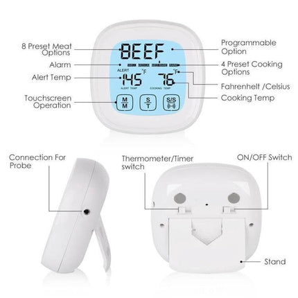 Barbecue Thermometer With Touchscreen For Grilling digital touchscreen meat thermometer with presets, alarm, probe connection and fold-out stand