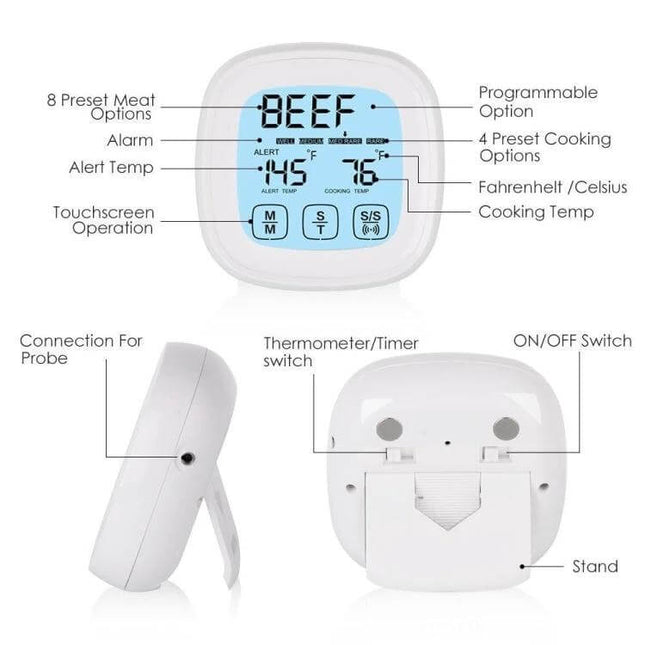 Barbecue Thermometer With Touchscreen For Grilling digital touchscreen meat thermometer with presets, alarm, probe connection and fold-out stand