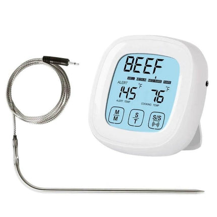 Barbecue Thermometer With Touchscreen For Grilling - handheld digital meat thermometer with probe showing beef and temperature alerts