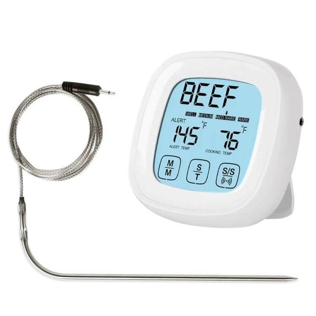 Barbecue Thermometer With Touchscreen For Grilling - handheld digital meat thermometer with probe showing beef and temperature alerts