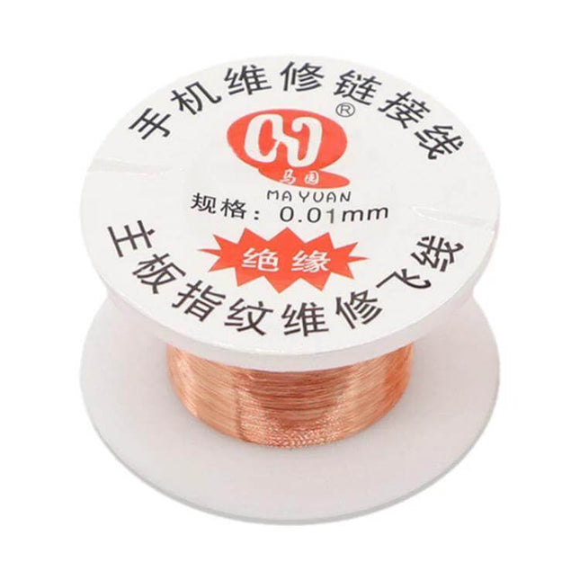 Bare Copper Soldering Wire For BGA PCB Repairs 0.01mm - spool of non-insulated ultra-fine bare copper wire for micro-soldering and jumpers on smartphone motherboards