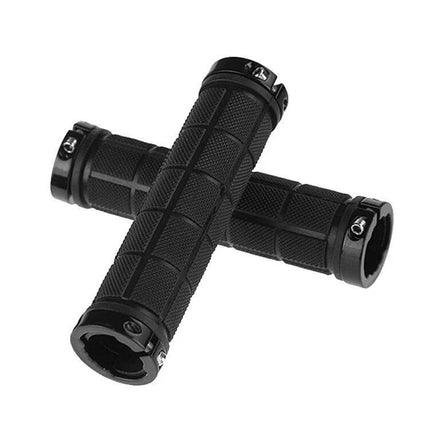 BaseCamp Lock-On Rubber Handlebar Grips Ergonomic Comfort – black textured rubber grips with alloy lock rings for reduced hand fatigue