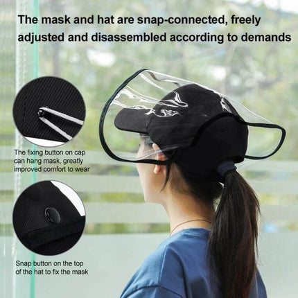 Baseball Cap Mask With Removable Face Shield For Everyday Use showing black cotton hat with clear TPU shield snapped on, wide brim and side protection