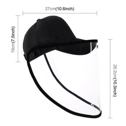Baseball Cap Mask With Removable Face Shield For Everyday Use black cotton cap with clear TPU shield and measurements