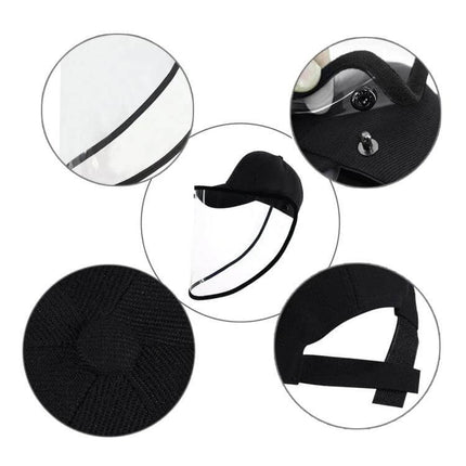 Baseball Cap Mask With Removable Face Shield For Everyday Use, black cotton cap with clear TPU shield and adjustable straps