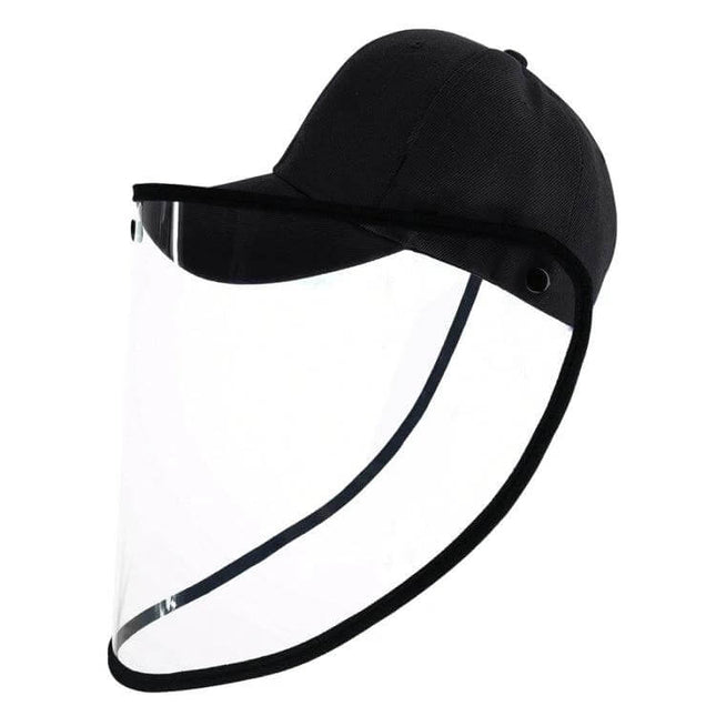Baseball Cap Mask With Removable Face Shield For Everyday Use - black cotton cap with clear TPU shield, wide-brim protection and removable face guard