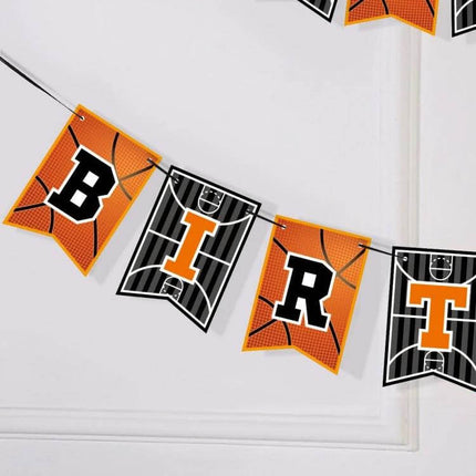 Basketball Theme Party Set Decor Kit For Birthdays banner with black white orange basketball court and ball panels spelling B I R T