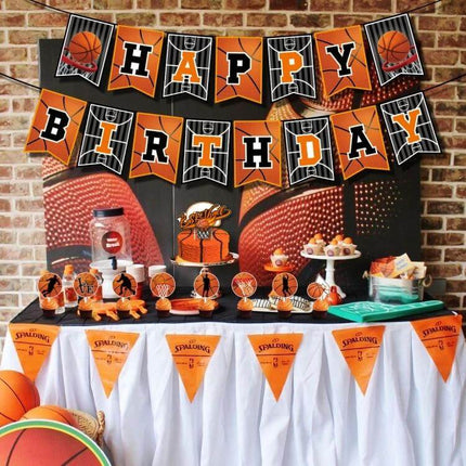 Basketball Theme Party Set Decor Kit For Birthdays banner and dessert table with black white orange balloons, cake toppers, and backdrop