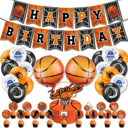 Basketball Theme Party Set Decor Kit For Birthdays with orange black white balloons banner cake toppers backdrop for dessert table