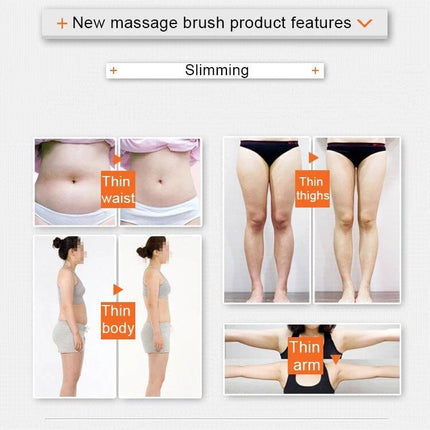 Bath Shower Spa Scrub Glove Anti Cellulite Massager demonstrating before and after slimming results on waist, thighs, arms and body