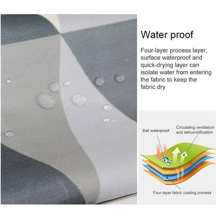 Bathroom Shower Curtain, Waterproof Polyester, Moldproof, 180x200 cm close-up showing waterproof fabric with water droplets and four-layer coating diagram