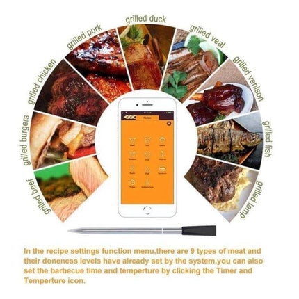 BBQ Kitchen Bluetooth Smart Food Oven Thermometer For Grilling app screen with stainless steel probes and meat doneness guide