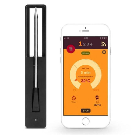 BBQ Kitchen Bluetooth Smart Food Oven Thermometer For Grilling stainless steel probe with app on smartphone showing temperature and timer
