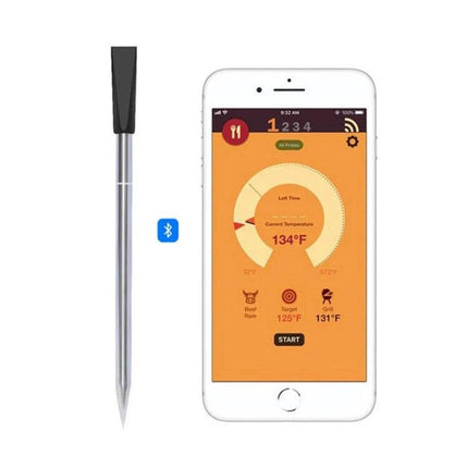 BBQ Kitchen Bluetooth Smart Food Oven Thermometer For Grilling digital probe with smartphone app showing temperature and Bluetooth connection