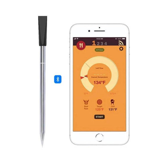 BBQ Kitchen Bluetooth Smart Food Oven Thermometer For Grilling digital probe with smartphone app showing temperature and Bluetooth connection
