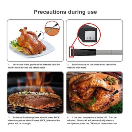 BBQ Kitchen Bluetooth Smart Food Oven Thermometer For Grilling - stainless steel probe in roast chicken showing safe insertion and oven use precautions