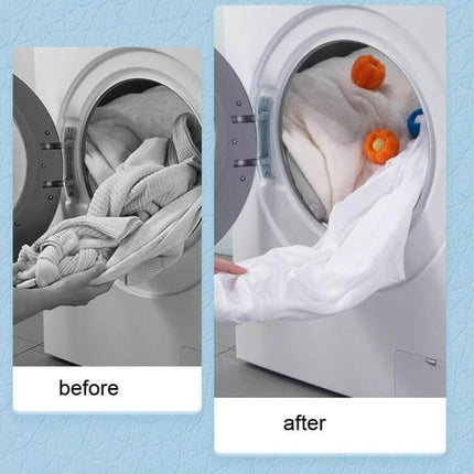 Washing Machine Laundry Ball Bear Blue For Hair And Lint Removal shown inside dryer drum with before and after clothes